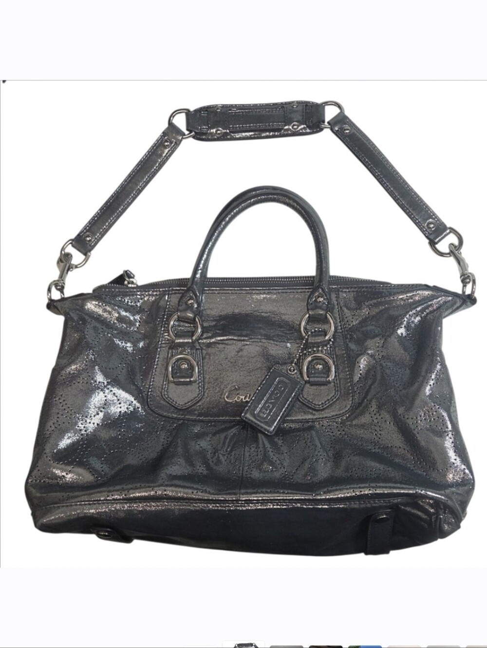 COACH Ashley Perforated Metallic Gray Leather Satchel Handbag F17130